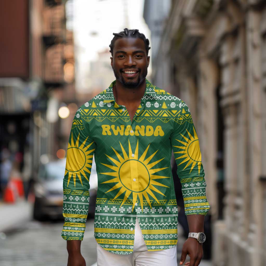 Rwanda Christmas Long Sleeve Button Shirt National Emblem and Radiant Sun Motif - African Pride