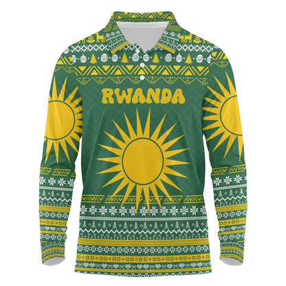 Rwanda Christmas Long Sleeve Polo Shirt National Emblem and Radiant Sun Motif - African Pride