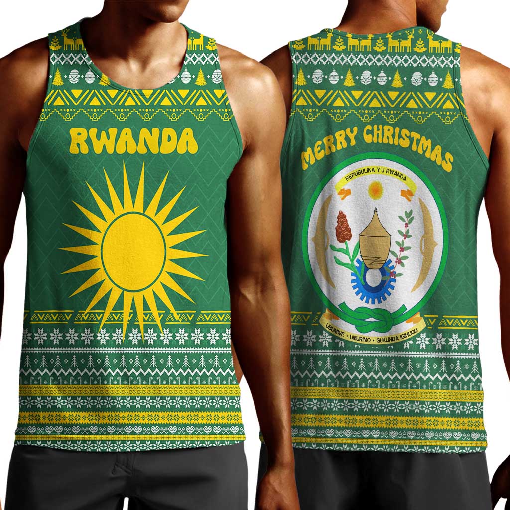 Rwanda Christmas Men Tank Top National Emblem and Radiant Sun Motif - African Pride