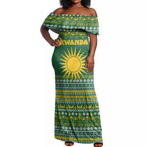 Rwanda Christmas Off Shoulder Maxi Dress National Emblem and Radiant Sun Motif - African Pride