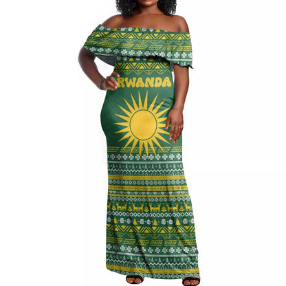 Rwanda Christmas Off Shoulder Maxi Dress National Emblem and Radiant Sun Motif - African Pride