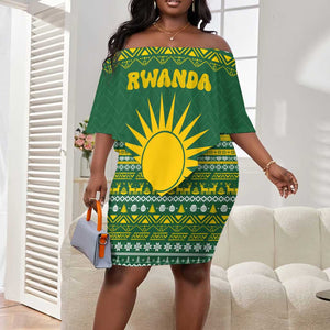 Rwanda Christmas Off Shoulder Short Dress National Emblem and Radiant Sun Motif - African Pride