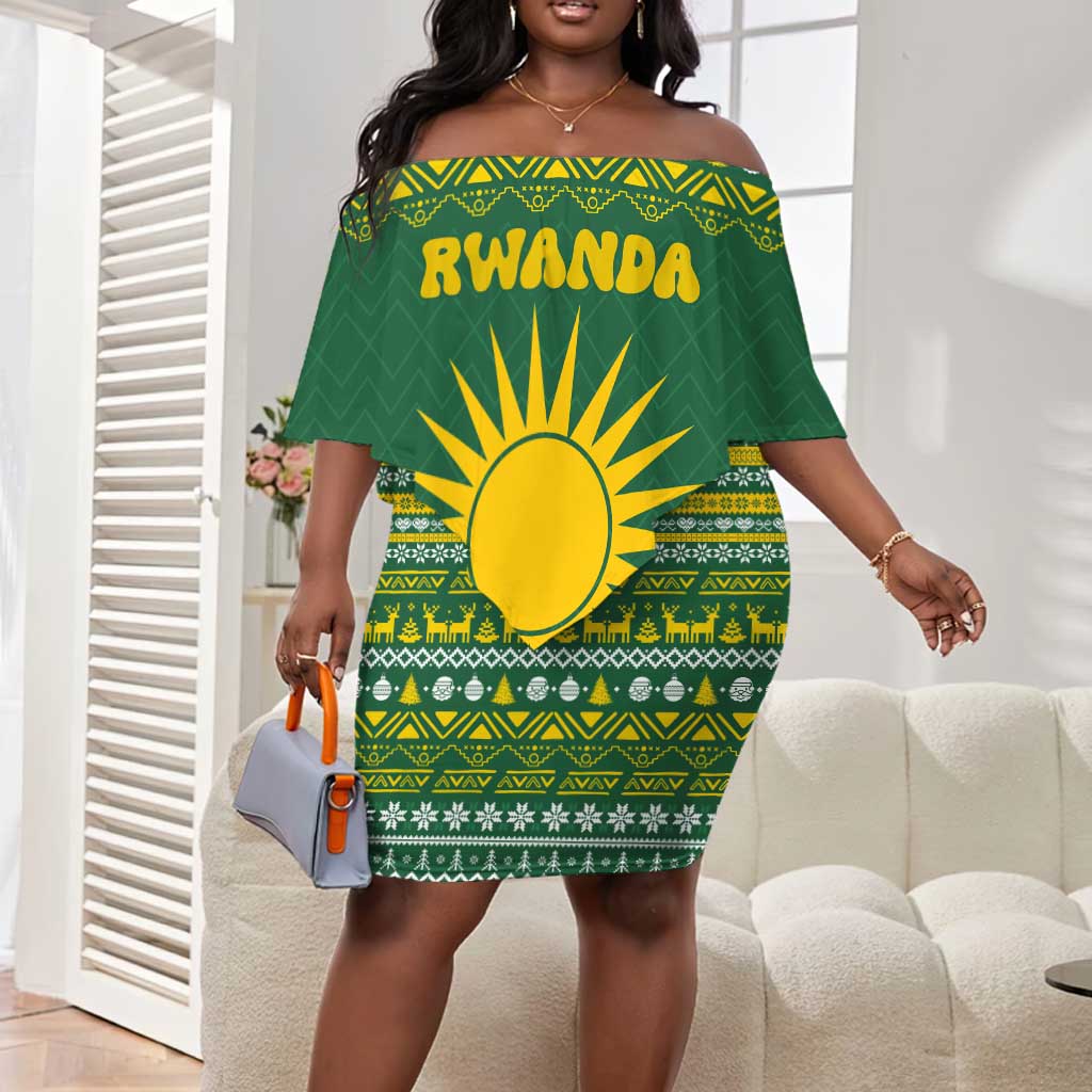 Rwanda Christmas Off Shoulder Short Dress National Emblem and Radiant Sun Motif - African Pride