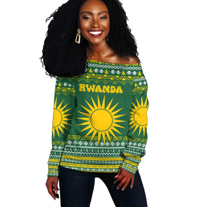 Rwanda Christmas Off Shoulder Sweater National Emblem and Radiant Sun Motif - African Pride