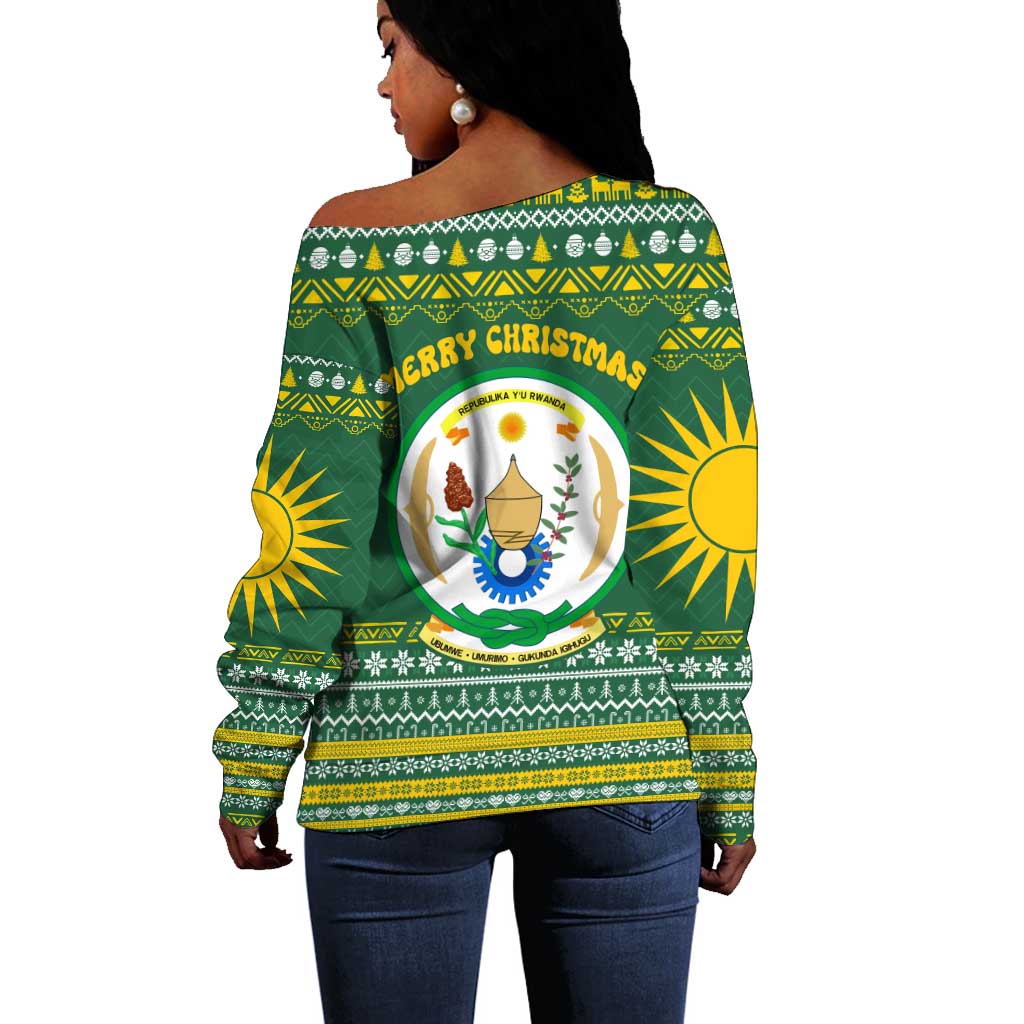 Rwanda Christmas Off Shoulder Sweater National Emblem and Radiant Sun Motif - African Pride