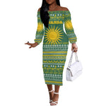 Rwanda Christmas Off The Shoulder Long Sleeve Dress National Emblem and Radiant Sun Motif - African Pride