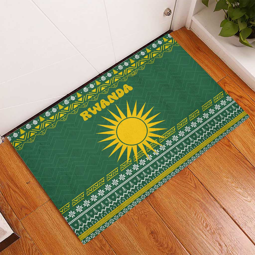 Rwanda Christmas Rubber Doormat National Emblem and Radiant Sun Motif - African Pride
