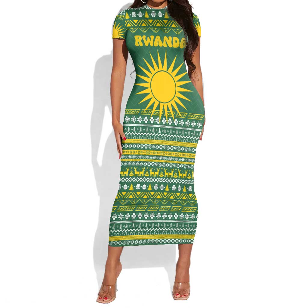 Rwanda Christmas Short Sleeve Bodycon Dress National Emblem and Radiant Sun Motif - African Pride