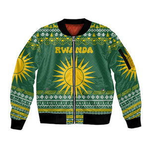 Rwanda Christmas Sleeve Zip Bomber Jacket National Emblem and Radiant Sun Motif - African Pride