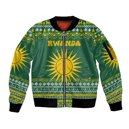 Rwanda Christmas Sleeve Zip Bomber Jacket National Emblem and Radiant Sun Motif - African Pride