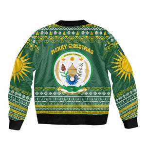 Rwanda Christmas Sleeve Zip Bomber Jacket National Emblem and Radiant Sun Motif - African Pride