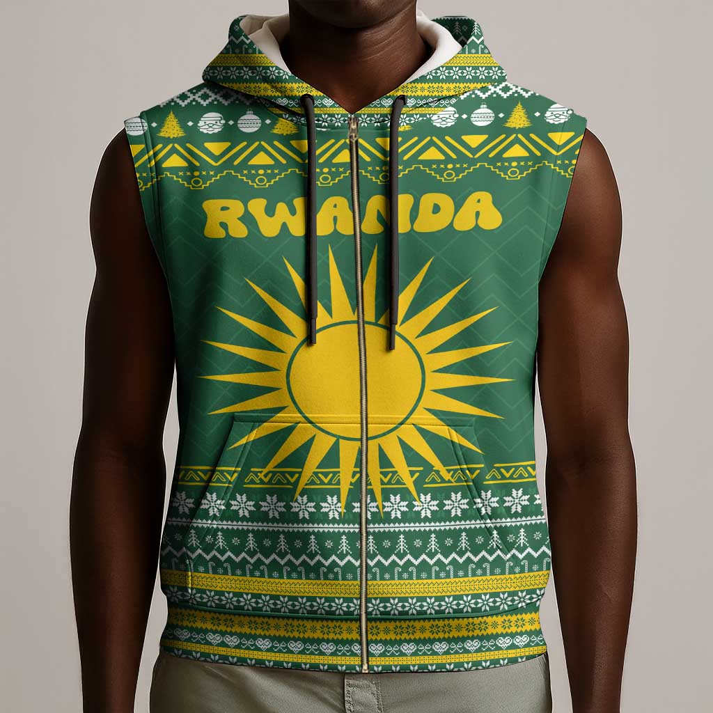 Rwanda Christmas Sleeveless Zip Hoodie National Emblem and Radiant Sun Motif - African Pride