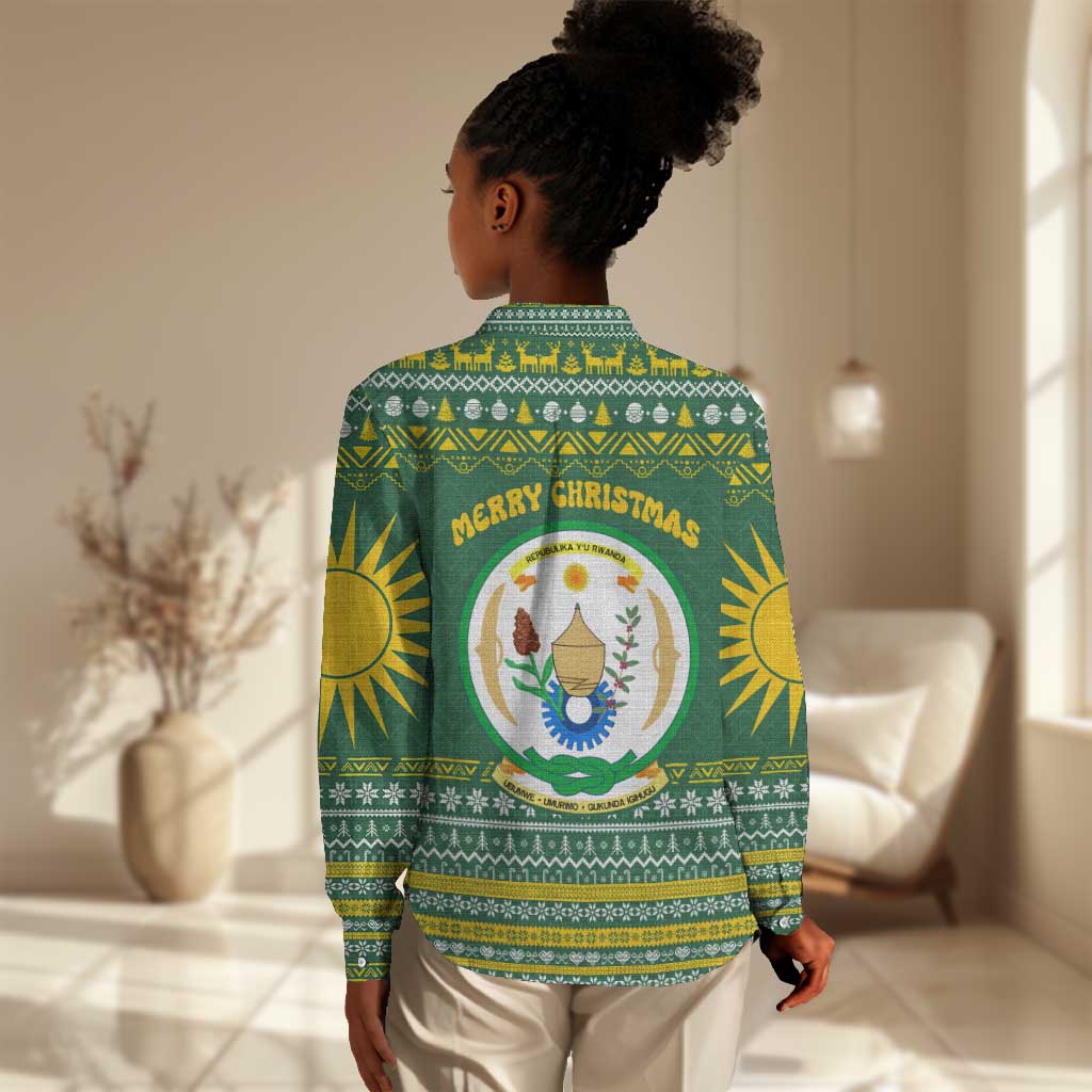 Rwanda Christmas Women Casual Shirt National Emblem and Radiant Sun Motif - African Pride
