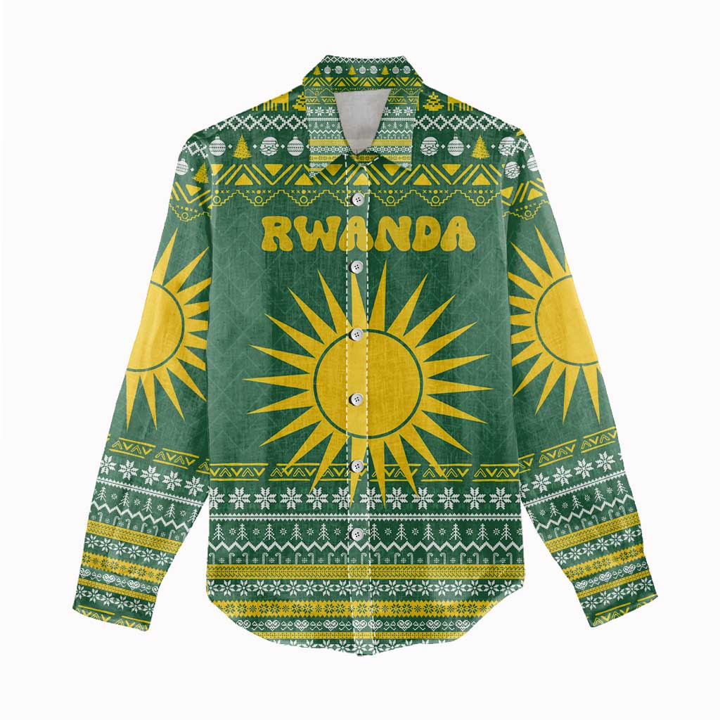 Rwanda Christmas Women Casual Shirt National Emblem and Radiant Sun Motif - African Pride