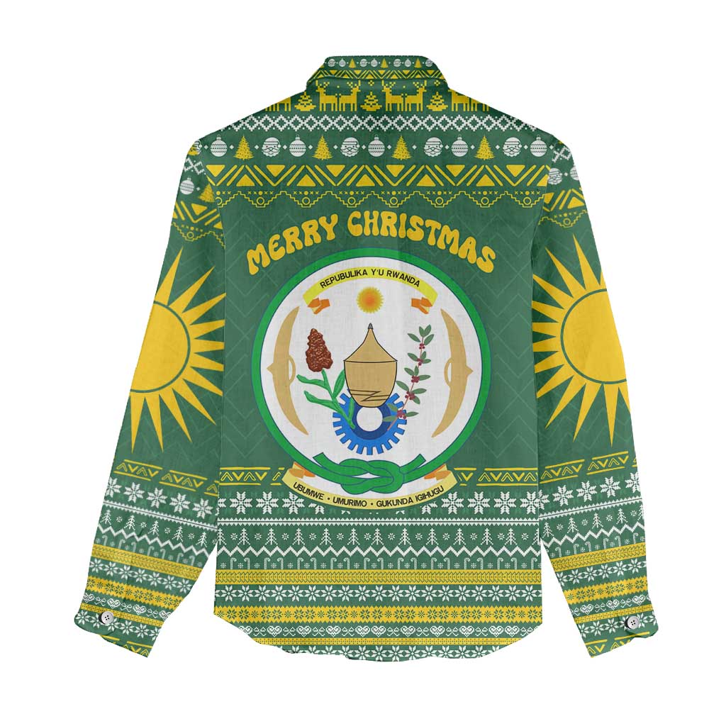 Rwanda Christmas Women Casual Shirt National Emblem and Radiant Sun Motif - African Pride