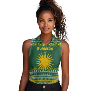 Rwanda Christmas Women Sleeveless Polo Shirt National Emblem and Radiant Sun Motif - African Pride
