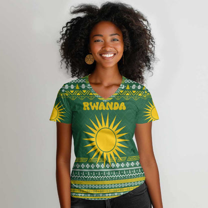 Rwanda Christmas Women V-Neck T-Shirt National Emblem and Radiant Sun Motif - African Pride