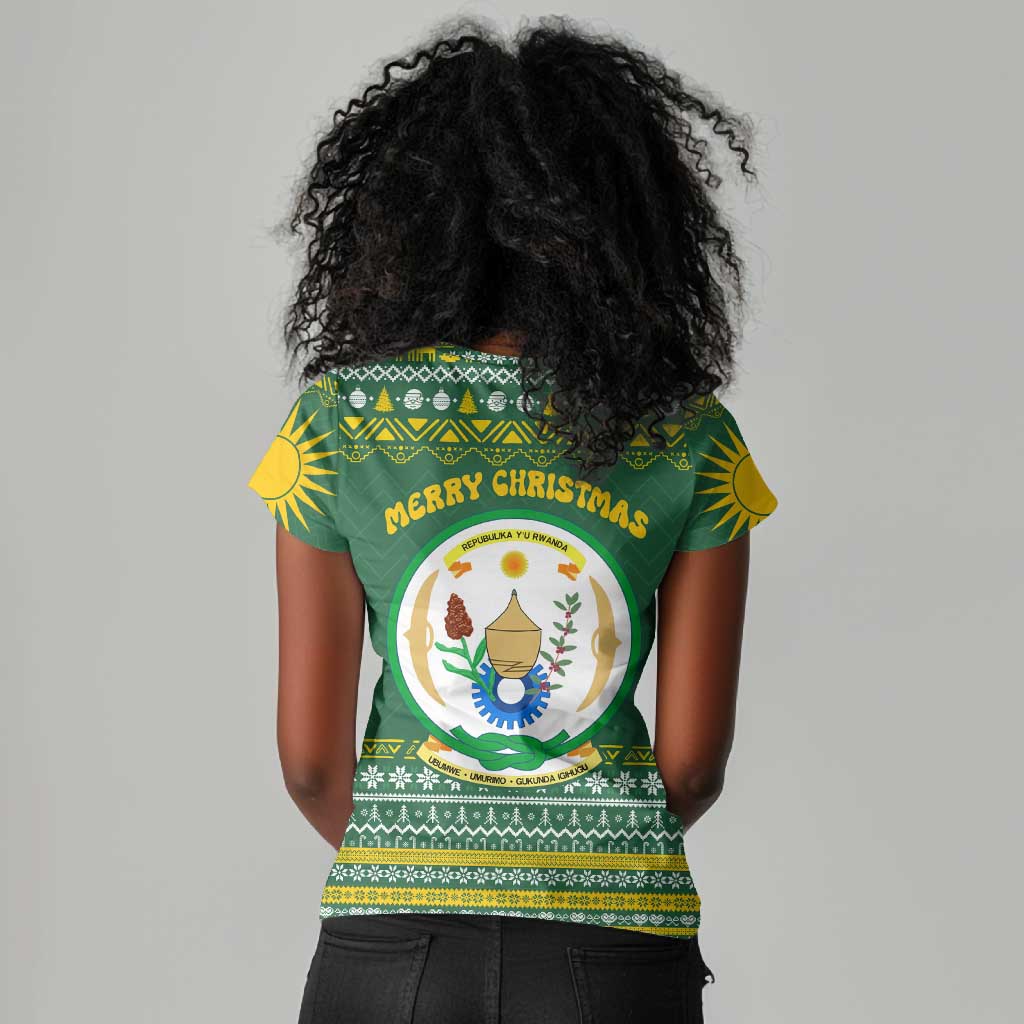 Rwanda Christmas Women V-Neck T-Shirt National Emblem and Radiant Sun Motif - African Pride