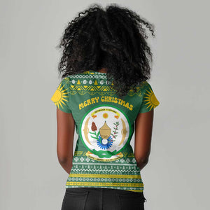 Rwanda Christmas Women V-Neck T-Shirt National Emblem and Radiant Sun Motif - African Pride