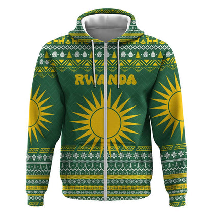 Rwanda Christmas Zip Hoodie National Emblem and Radiant Sun Motif - African Pride