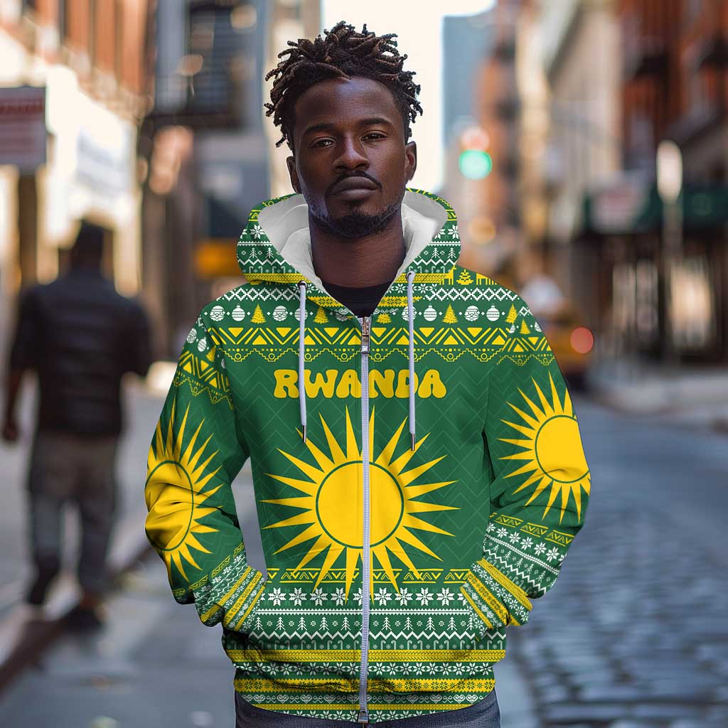 Rwanda Christmas Zip Hoodie National Emblem and Radiant Sun Motif - African Pride