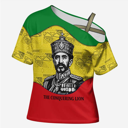 Haile Selassie I Cross Shoulder Shirt Ethiopia Lion of Judah and Conquering Lion Pattern Tribute - African Pride