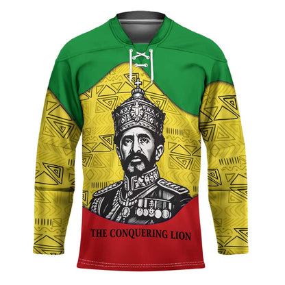 Haile Selassie I Hockey Jersey Ethiopia Lion of Judah and Conquering Lion Pattern Tribute - African Pride
