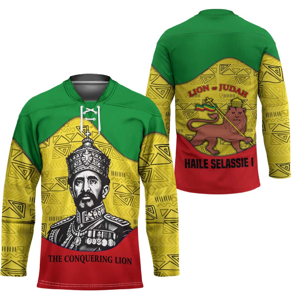 Haile Selassie I Hockey Jersey Ethiopia Lion of Judah and Conquering Lion Pattern Tribute - African Pride
