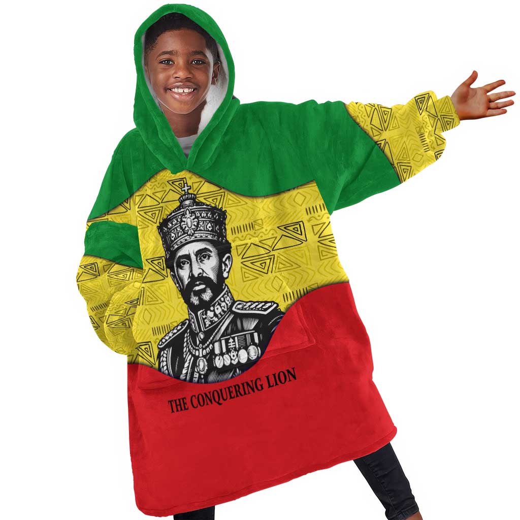 Haile Selassie I Kid Wearable Blanket Hoodie Ethiopia Lion of Judah and Conquering Lion Pattern Tribute - African Pride