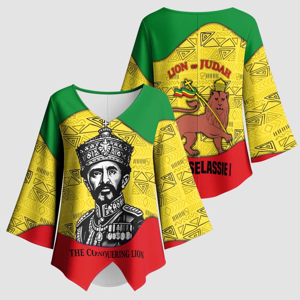 Haile Selassie I Kimono Sleeve Blouse Ethiopia Lion of Judah and Conquering Lion Pattern Tribute - African Pride
