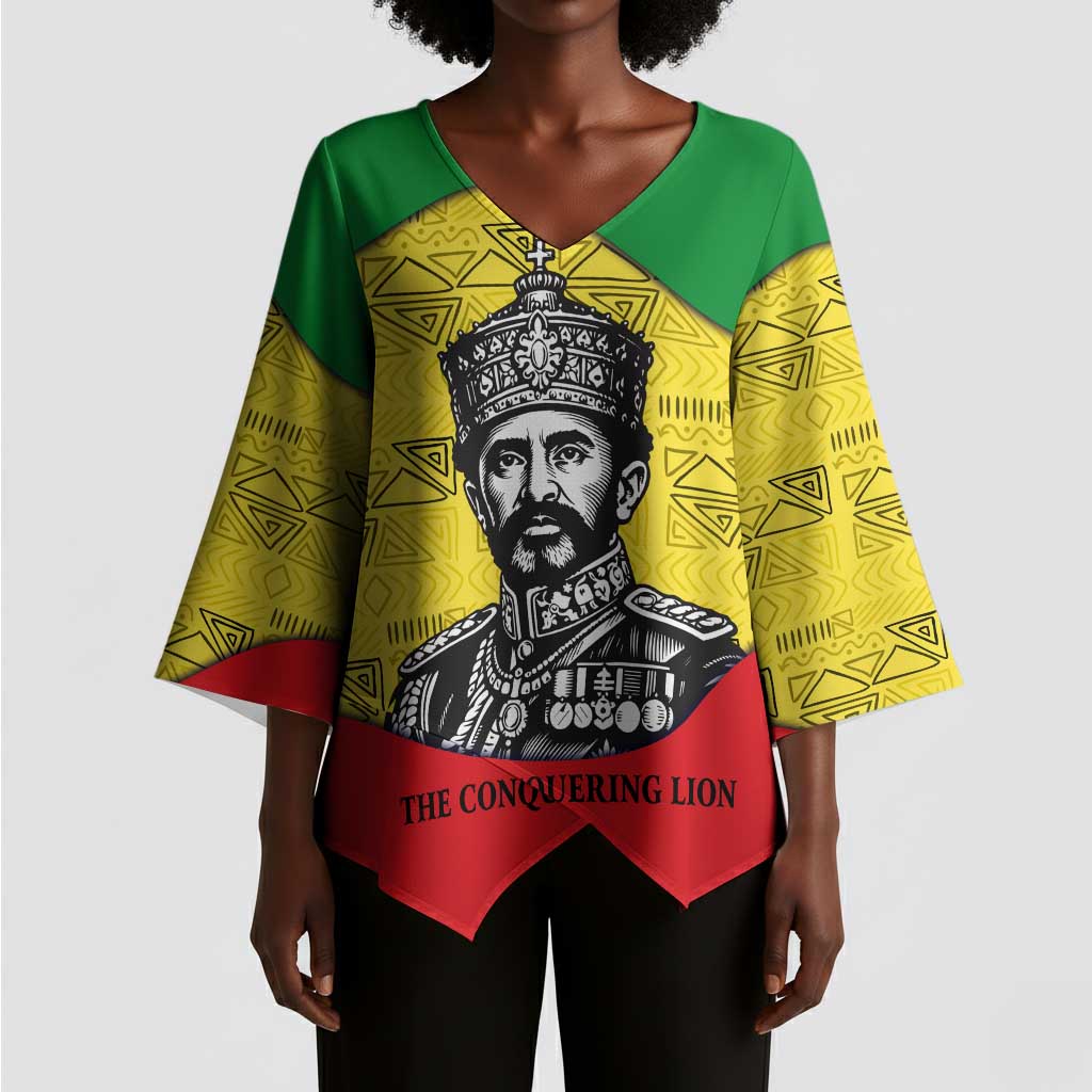 Haile Selassie I Kimono Sleeve Blouse Ethiopia Lion of Judah and Conquering Lion Pattern Tribute - African Pride