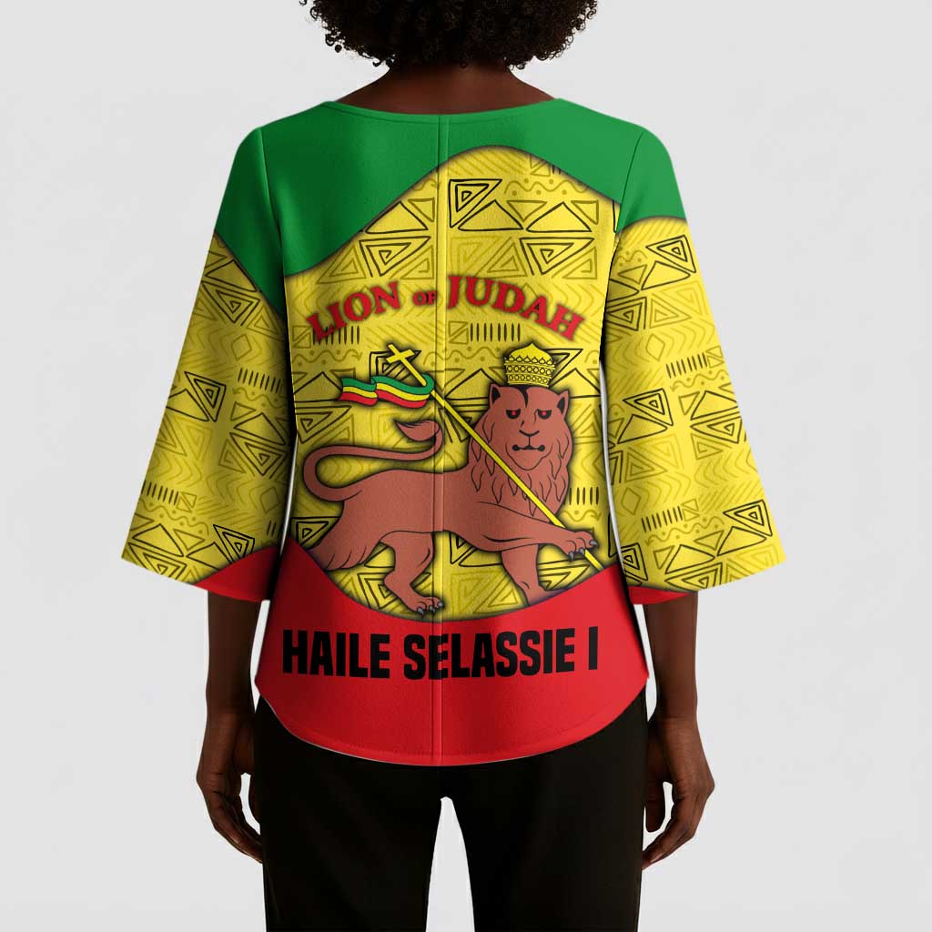 Haile Selassie I Kimono Sleeve Blouse Ethiopia Lion of Judah and Conquering Lion Pattern Tribute - African Pride