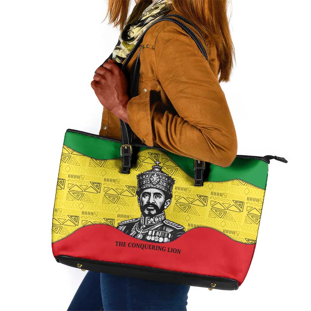 Haile Selassie I Leather Tote Bag Ethiopia Lion of Judah and Conquering Lion Pattern Tribute - African Pride