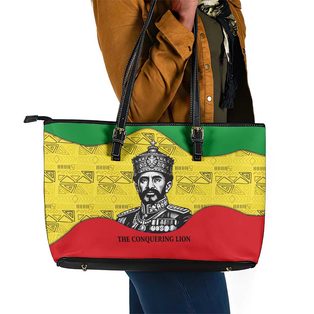 Haile Selassie I Leather Tote Bag Ethiopia Lion of Judah and Conquering Lion Pattern Tribute - African Pride
