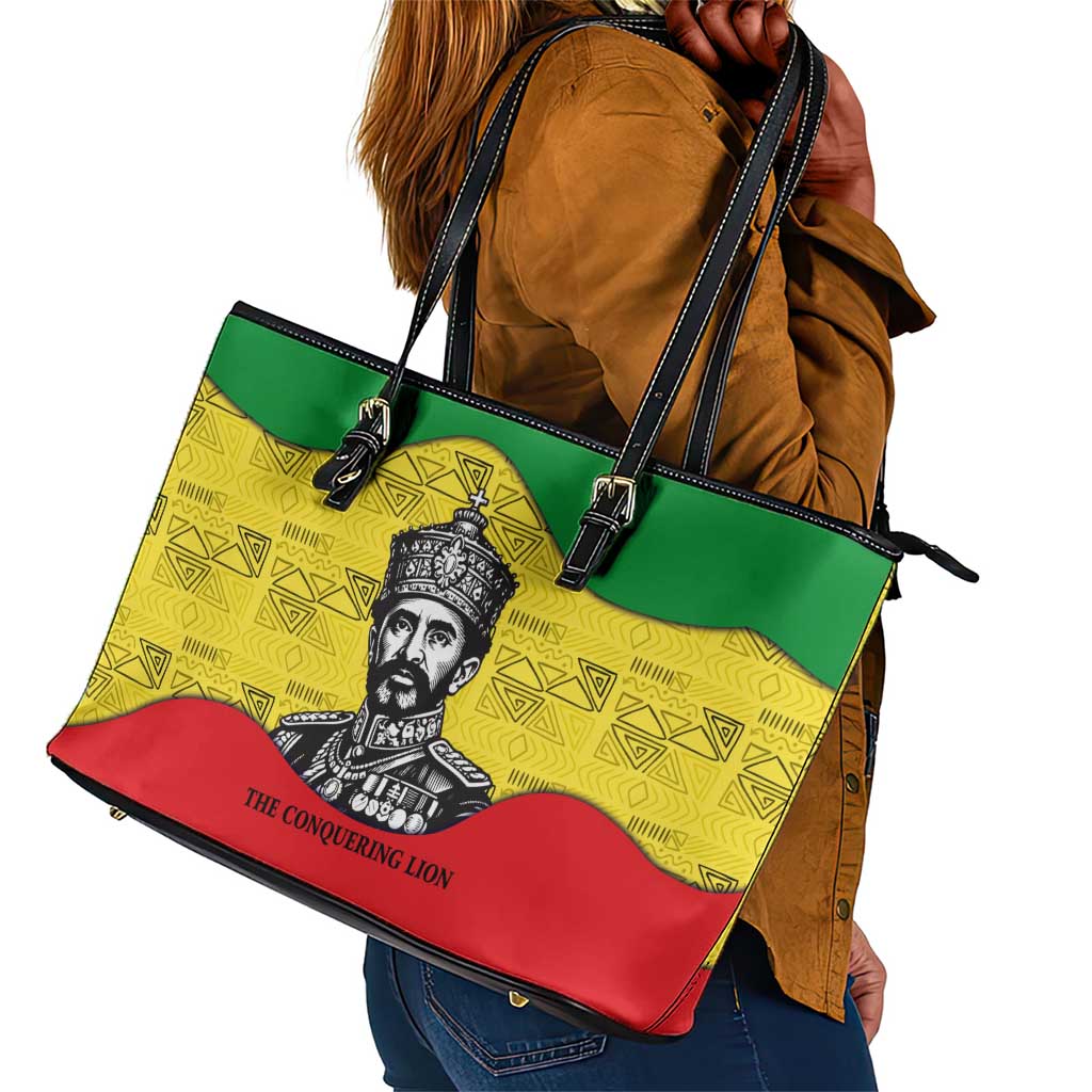 Haile Selassie I Leather Tote Bag Ethiopia Lion of Judah and Conquering Lion Pattern Tribute - African Pride