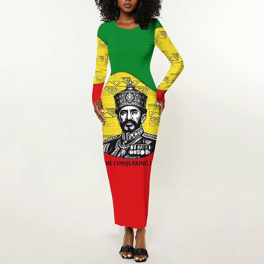Haile Selassie I Long Sleeve Bodycon Dress Ethiopia Lion of Judah and Conquering Lion Pattern Tribute - African Pride
