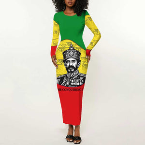 Haile Selassie I Long Sleeve Bodycon Dress Ethiopia Lion of Judah and Conquering Lion Pattern Tribute - African Pride