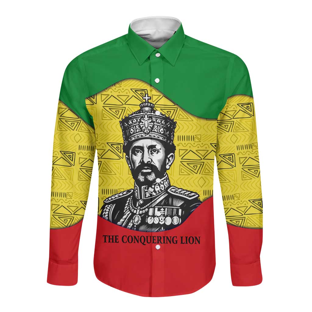 Haile Selassie I Long Sleeve Button Shirt Ethiopia Lion of Judah and Conquering Lion Pattern Tribute - African Pride