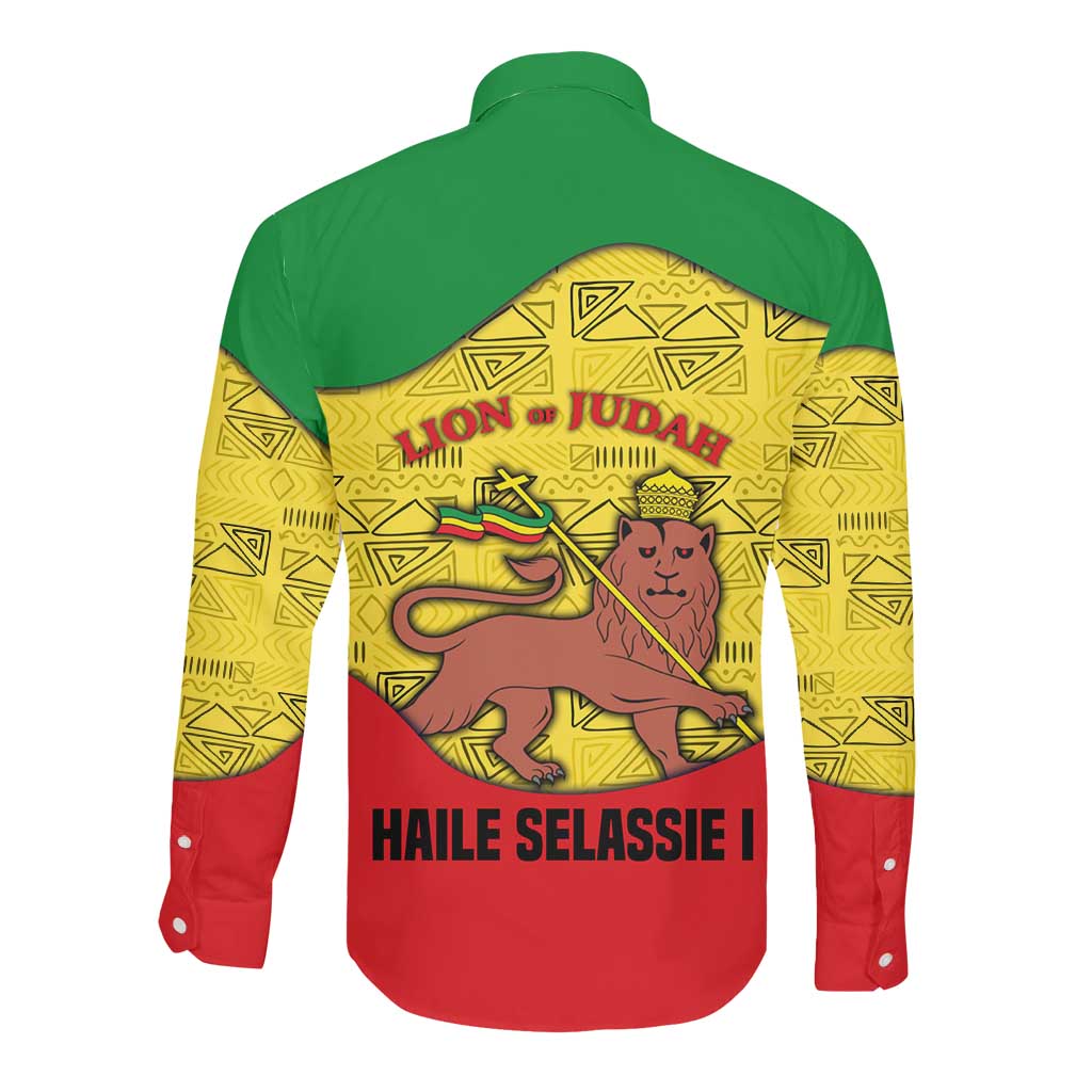 Haile Selassie I Long Sleeve Button Shirt Ethiopia Lion of Judah and Conquering Lion Pattern Tribute - African Pride