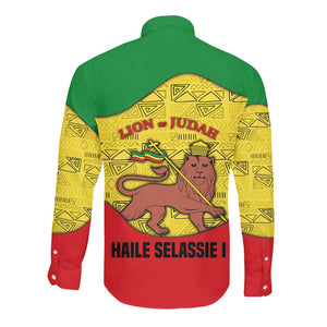 Haile Selassie I Long Sleeve Button Shirt Ethiopia Lion of Judah and Conquering Lion Pattern Tribute - African Pride