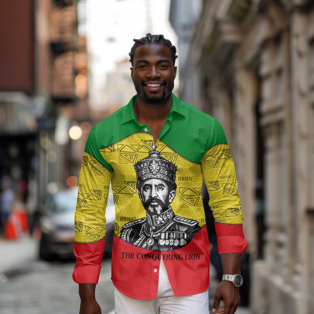 Haile Selassie I Long Sleeve Button Shirt Ethiopia Lion of Judah and Conquering Lion Pattern Tribute - African Pride