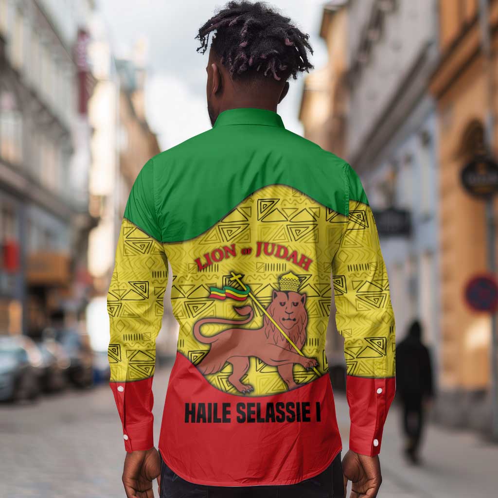 Haile Selassie I Long Sleeve Button Shirt Ethiopia Lion of Judah and Conquering Lion Pattern Tribute - African Pride