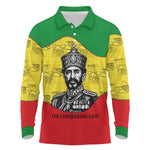 Haile Selassie I Long Sleeve Polo Shirt Ethiopia Lion of Judah and Conquering Lion Pattern Tribute - African Pride