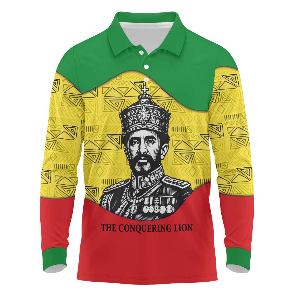 Haile Selassie I Long Sleeve Polo Shirt Ethiopia Lion of Judah and Conquering Lion Pattern Tribute - African Pride