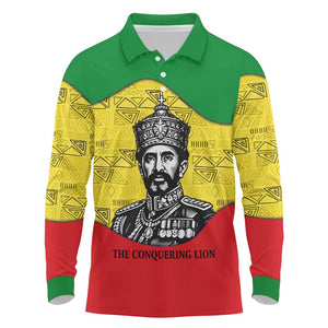 Haile Selassie I Long Sleeve Polo Shirt Ethiopia Lion of Judah and Conquering Lion Pattern Tribute - African Pride