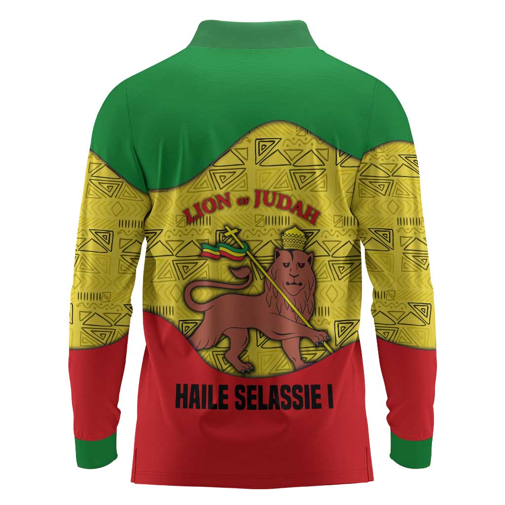 Haile Selassie I Long Sleeve Polo Shirt Ethiopia Lion of Judah and Conquering Lion Pattern Tribute - African Pride