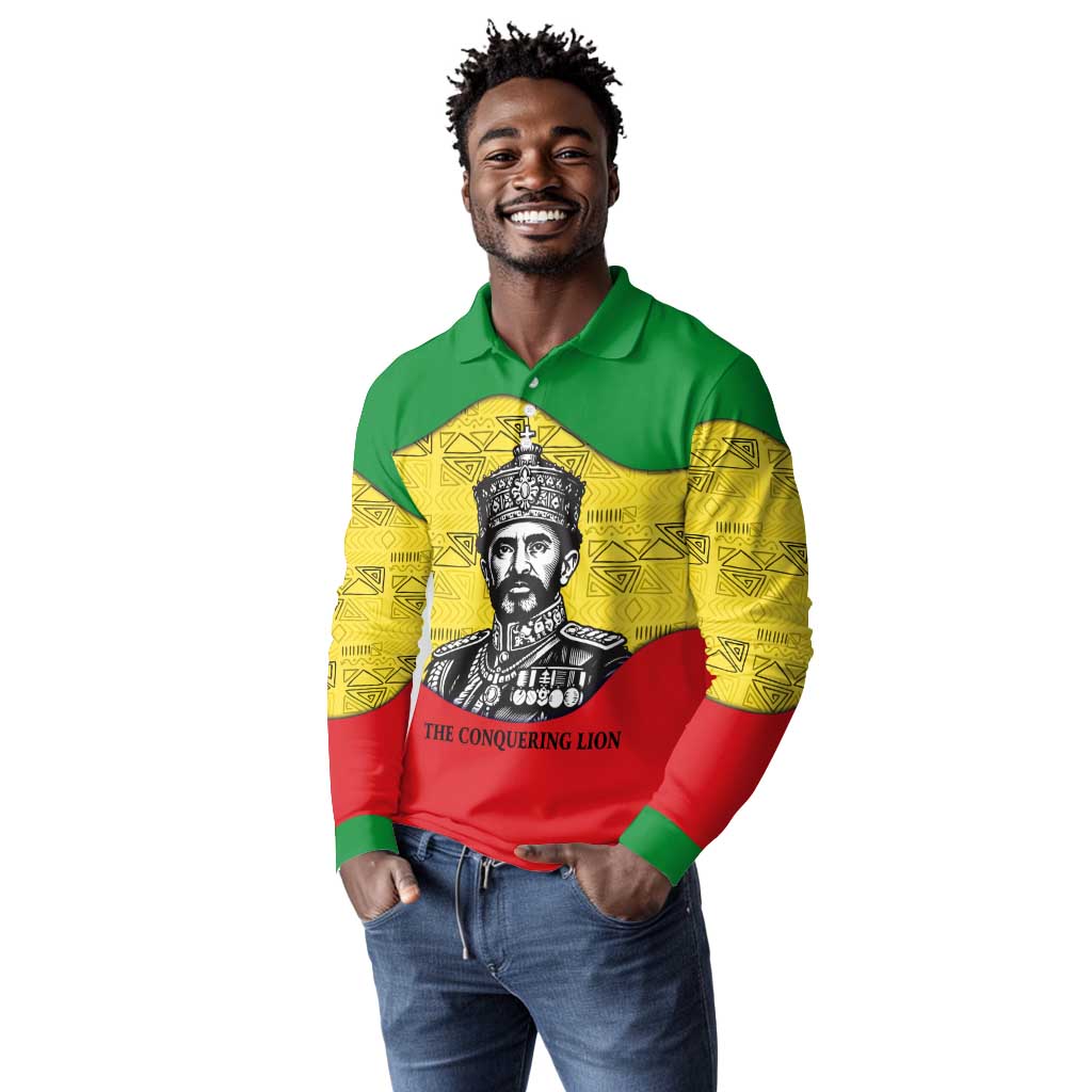 Haile Selassie I Long Sleeve Polo Shirt Ethiopia Lion of Judah and Conquering Lion Pattern Tribute - African Pride