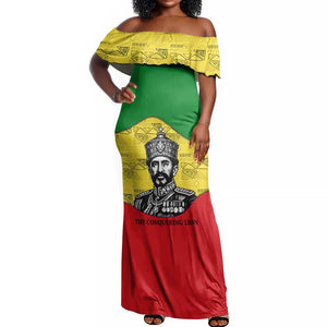 Haile Selassie I Off Shoulder Maxi Dress Ethiopia Lion of Judah and Conquering Lion Pattern Tribute - African Pride