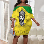 Haile Selassie I Off Shoulder Short Dress Ethiopia Lion of Judah and Conquering Lion Pattern Tribute - African Pride