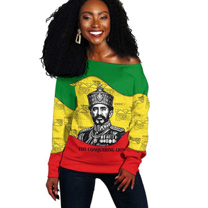 Haile Selassie I Off Shoulder Sweater Ethiopia Lion of Judah and Conquering Lion Pattern Tribute - African Pride